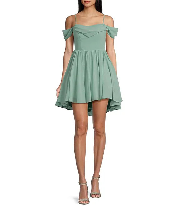 Playful Ivory Chiffon Off-the-Shoulder Short A-Line Dress for Homecoming & Cocktail Parties