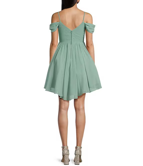 Playful Ivory Chiffon Off-the-Shoulder Short A-Line Dress for Homecoming & Cocktail Parties