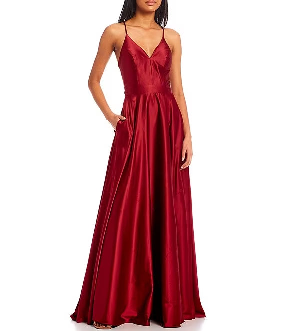 spaghetti strap strapping and satin long prom dress