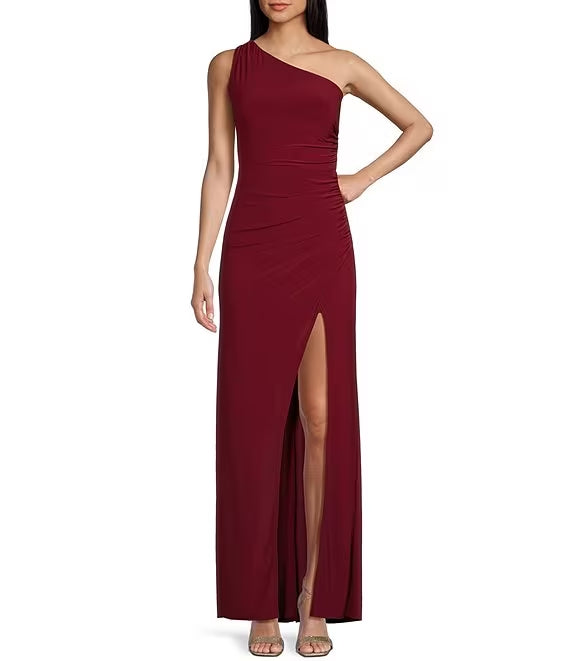 Off shoulder open back slit hem length prom dress