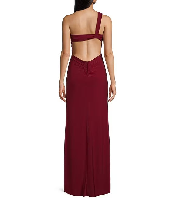 Off shoulder open back slit hem length prom dress
