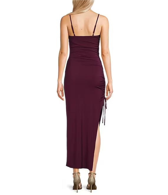 Side straps with slit hem medium length prom dress