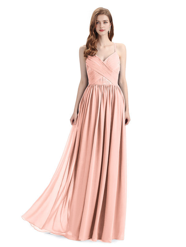 Elegantes vestidos de dama de honor de gasa con tirantes finos, corte A, escote en V y largo hasta el suelo