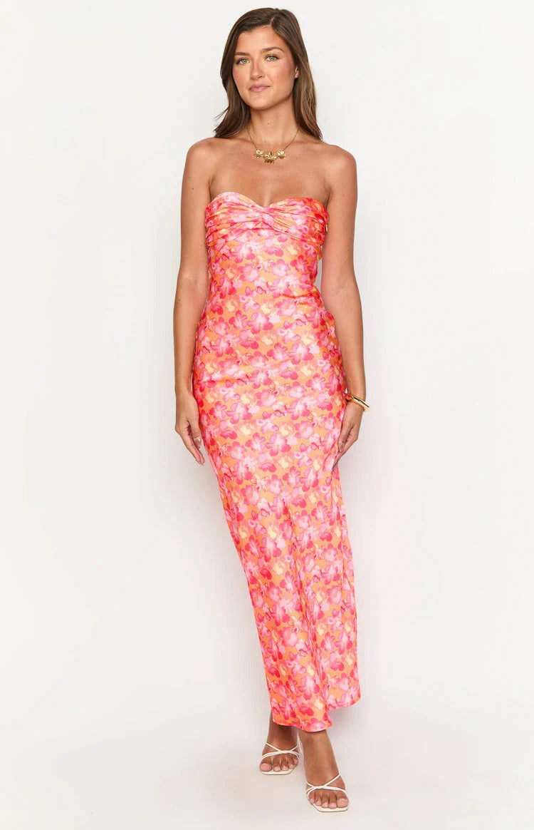 Coral Pink Floral Strapless Maxi Dress – Satin Ruched Bodice Formal Dress with Slit