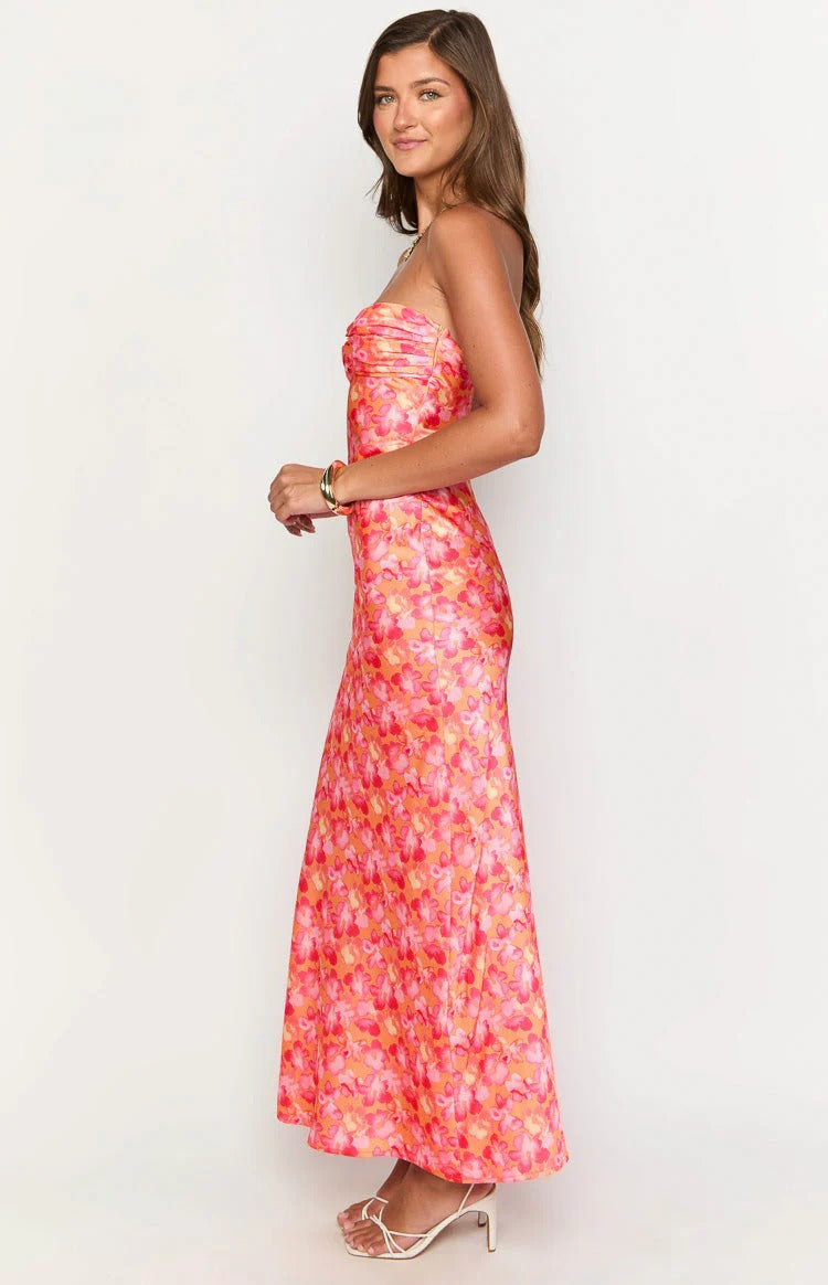 Coral Pink Floral Strapless Maxi Dress – Satin Ruched Bodice Formal Dress with Slit