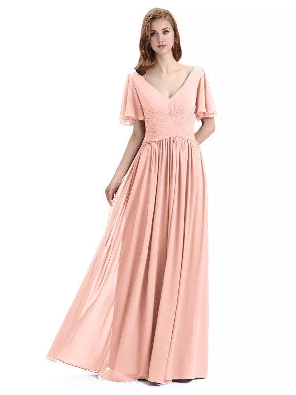 Vestidos de dama de honor elegantes de gasa con escote en V, mangas cortas y largo hasta el suelo