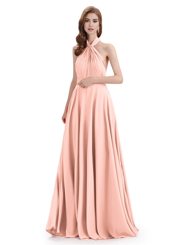Simple A-Line High Neck Halter Sleeveless Pleats Chiffon Floor Length Bridesmaid Dresses