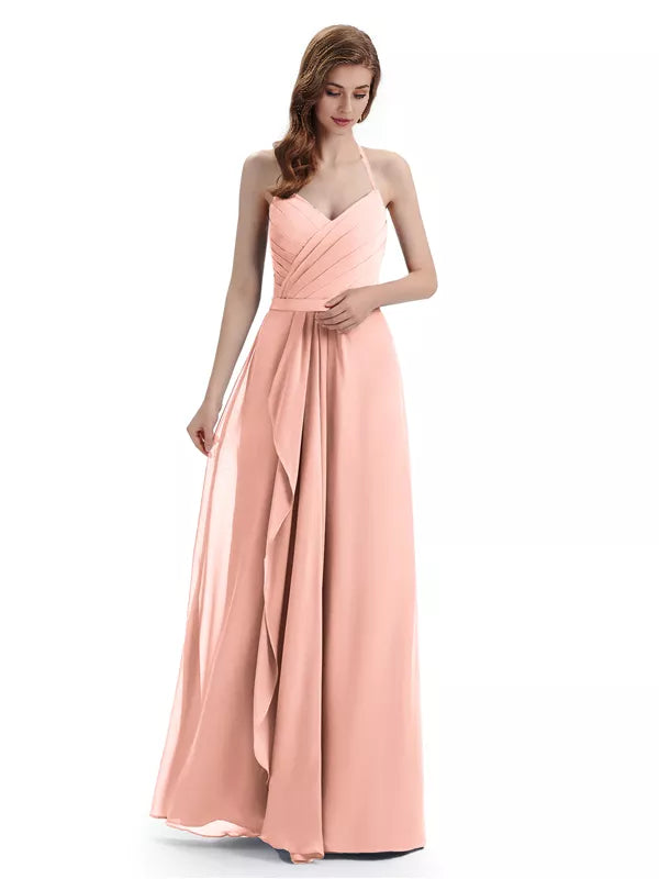Encantadores vestidos de dama de honor con escote en V, hombros descubiertos, sin mangas y hasta el suelo