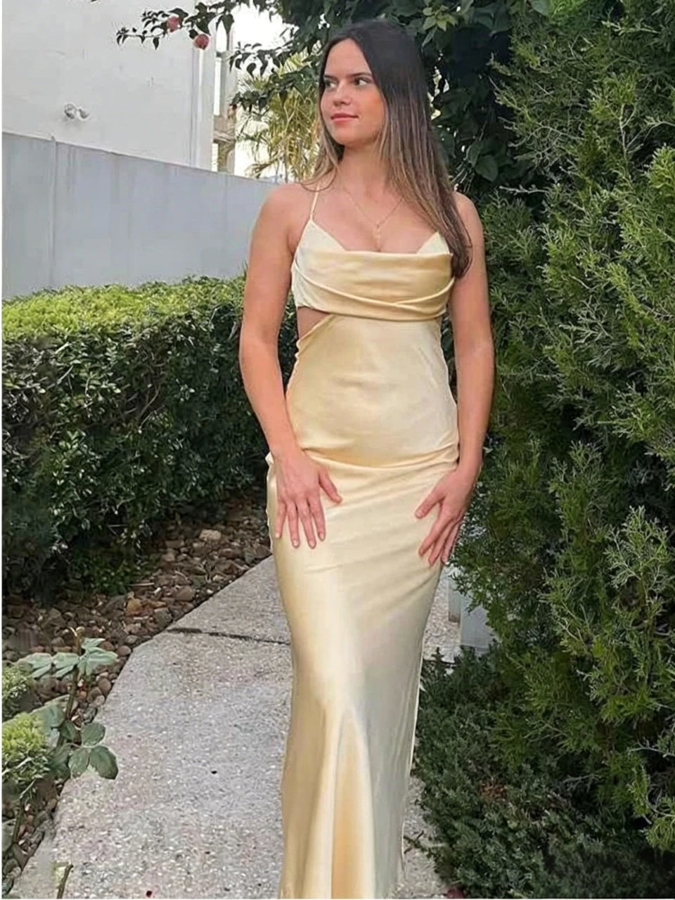Cowl Neck Cross Back Cutout Waist Satin Mermaid Floor-Length Evening Dresses