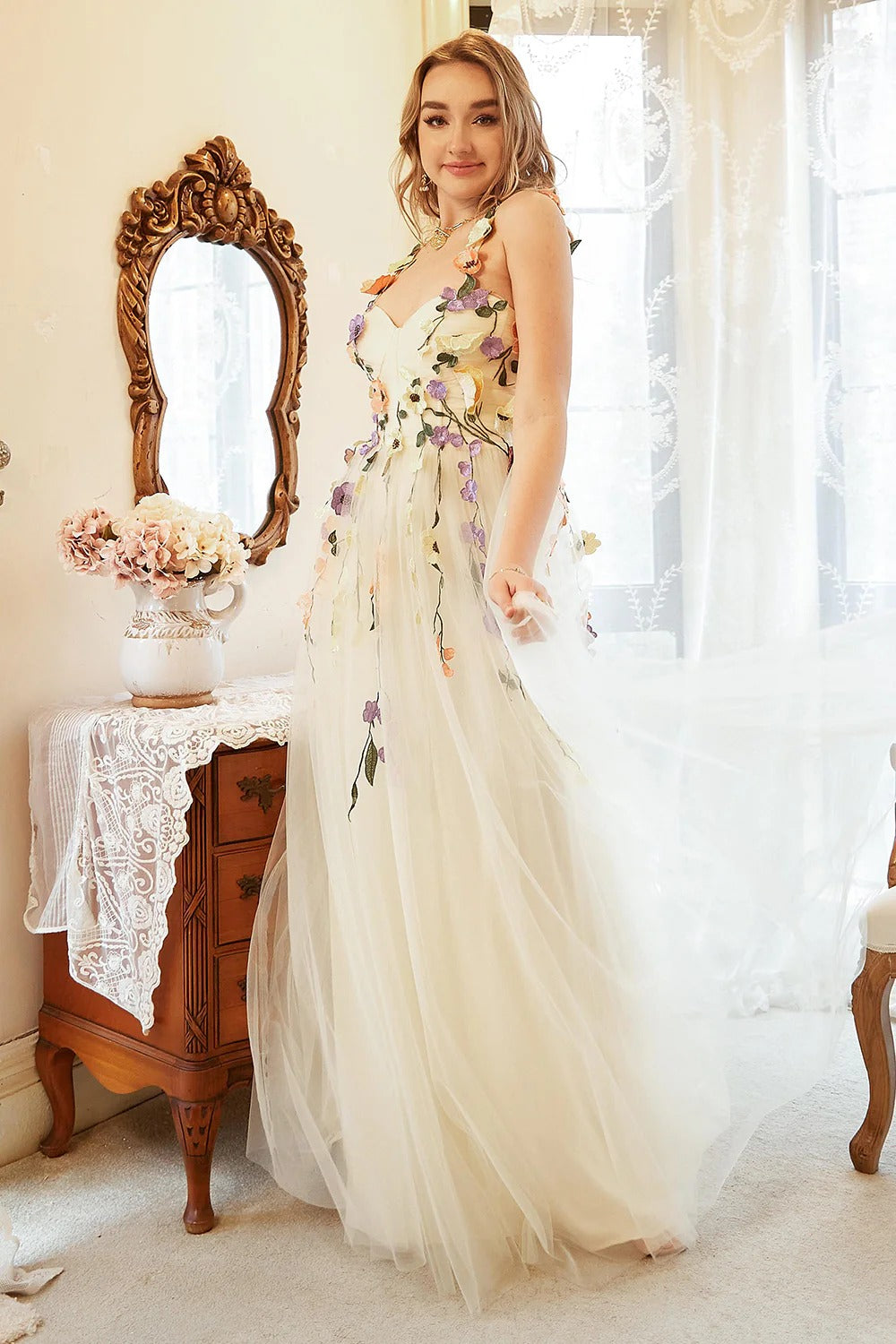 Cream 3D Floral Halter Neck Tulle Maxi Dress – Boho Bridal Gown