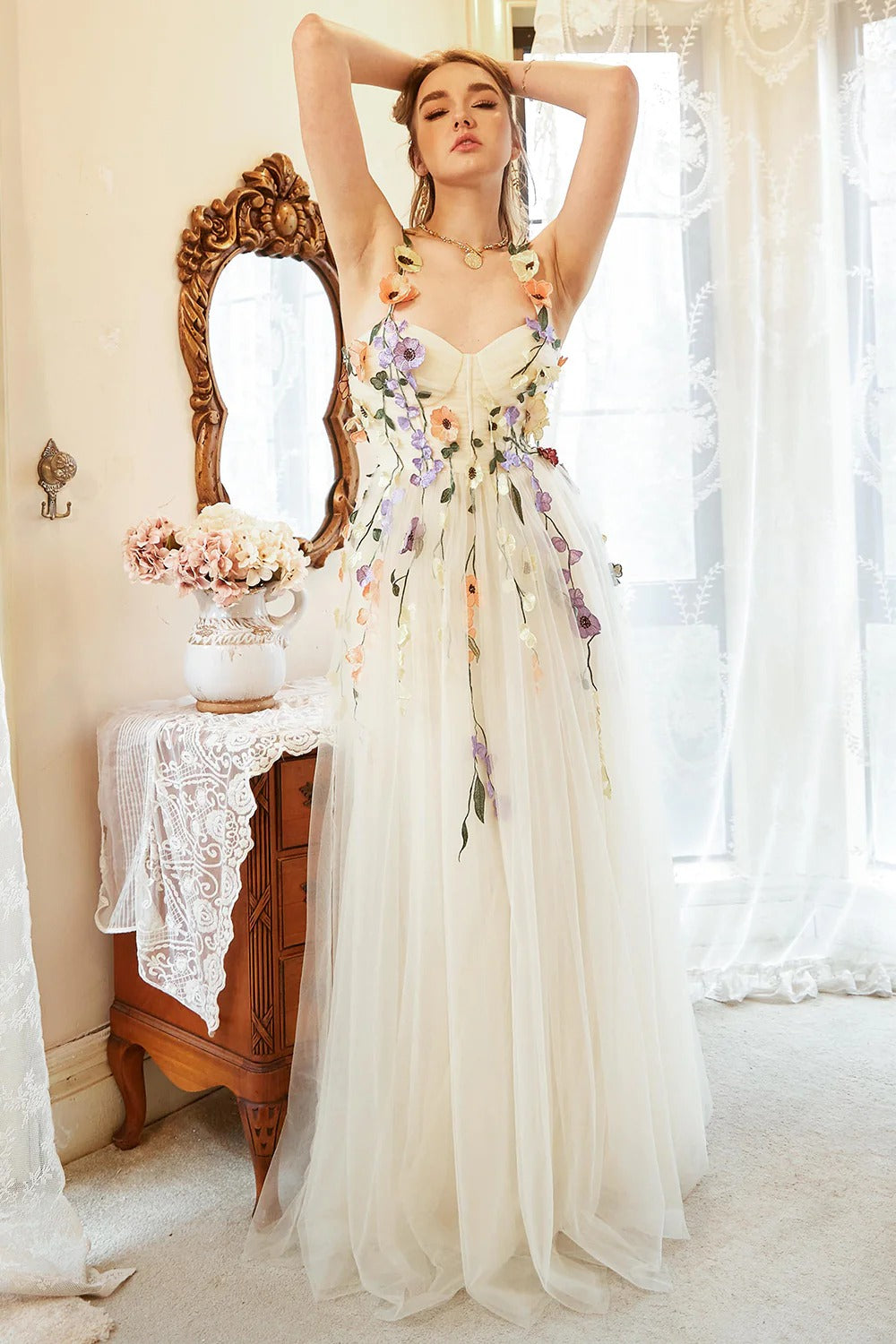 Cream 3D Floral Halter Neck Tulle Maxi Dress – Boho Bridal Gown