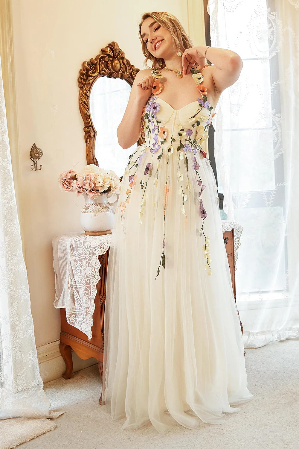 Cream 3D Floral Halter Neck Tulle Maxi Dress – Boho Bridal Gown