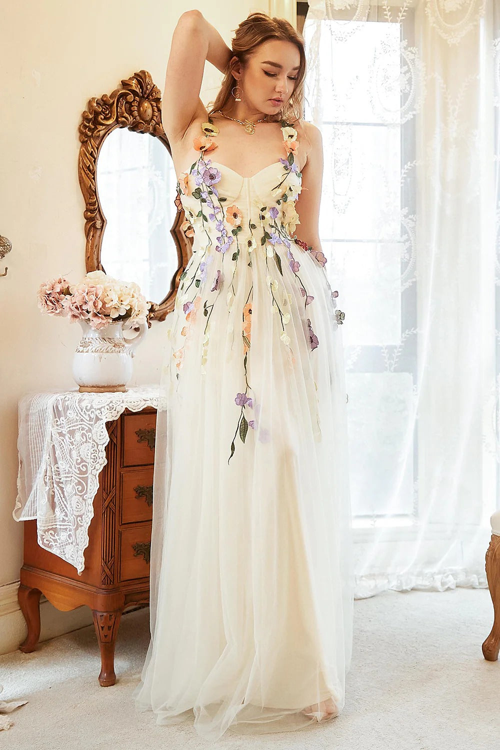 Cream 3D Floral Halter Neck Tulle Maxi Dress – Boho Bridal Gown