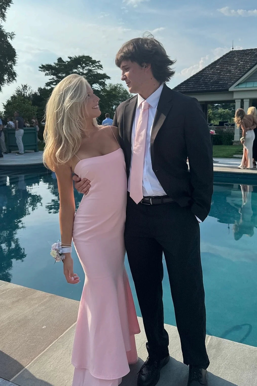 Crepe Spaghetti-Strap Square Neck Trumpet Hem Midi-Length Prom Dress