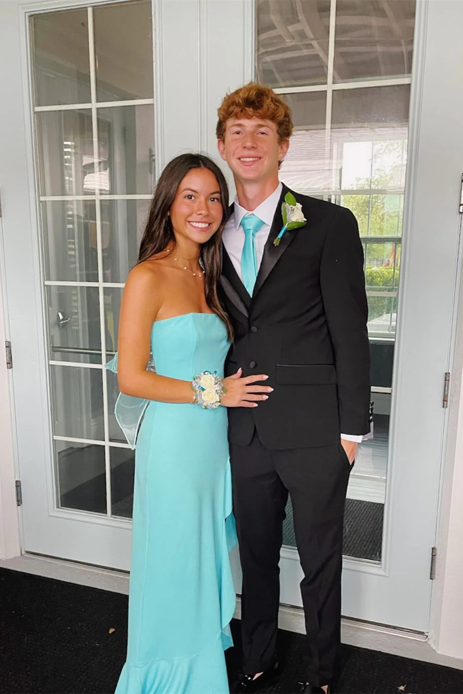 Crepe Strapless Sweetheart Organza Bow-Back Asymmetric Ruffle Trumpet Prom Dress