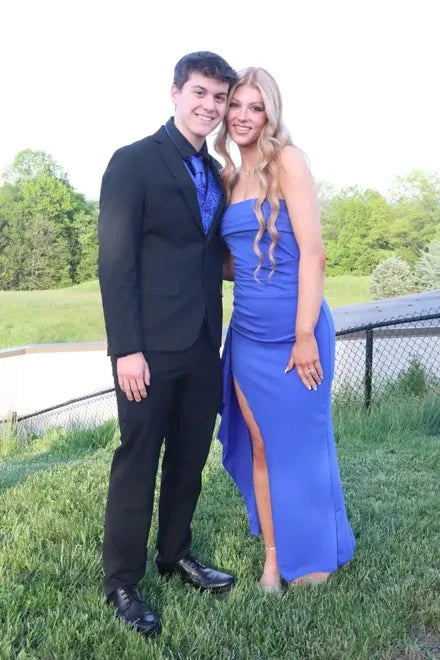 Royal Blue Stretch Knit Sheath/column Floor-Length Dress with Straight Neck, Ruched Bodice & High Slit
