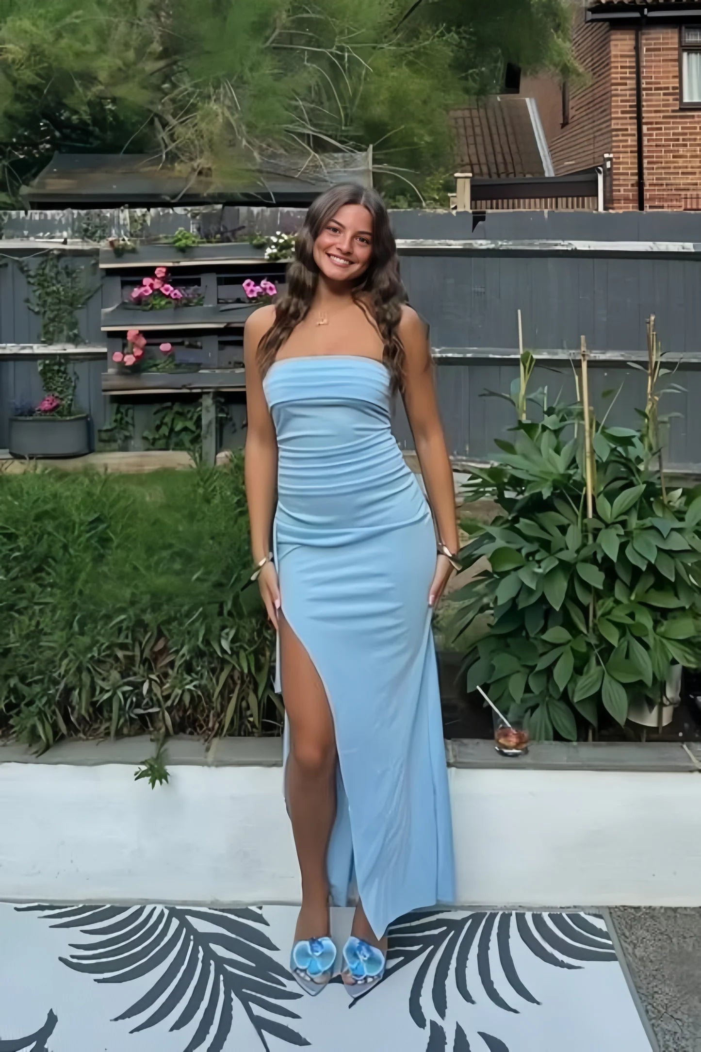 Crepe Strapless Sweetheart Ruched Bodice High-Slit Sheath Floor-Length Prom Dress