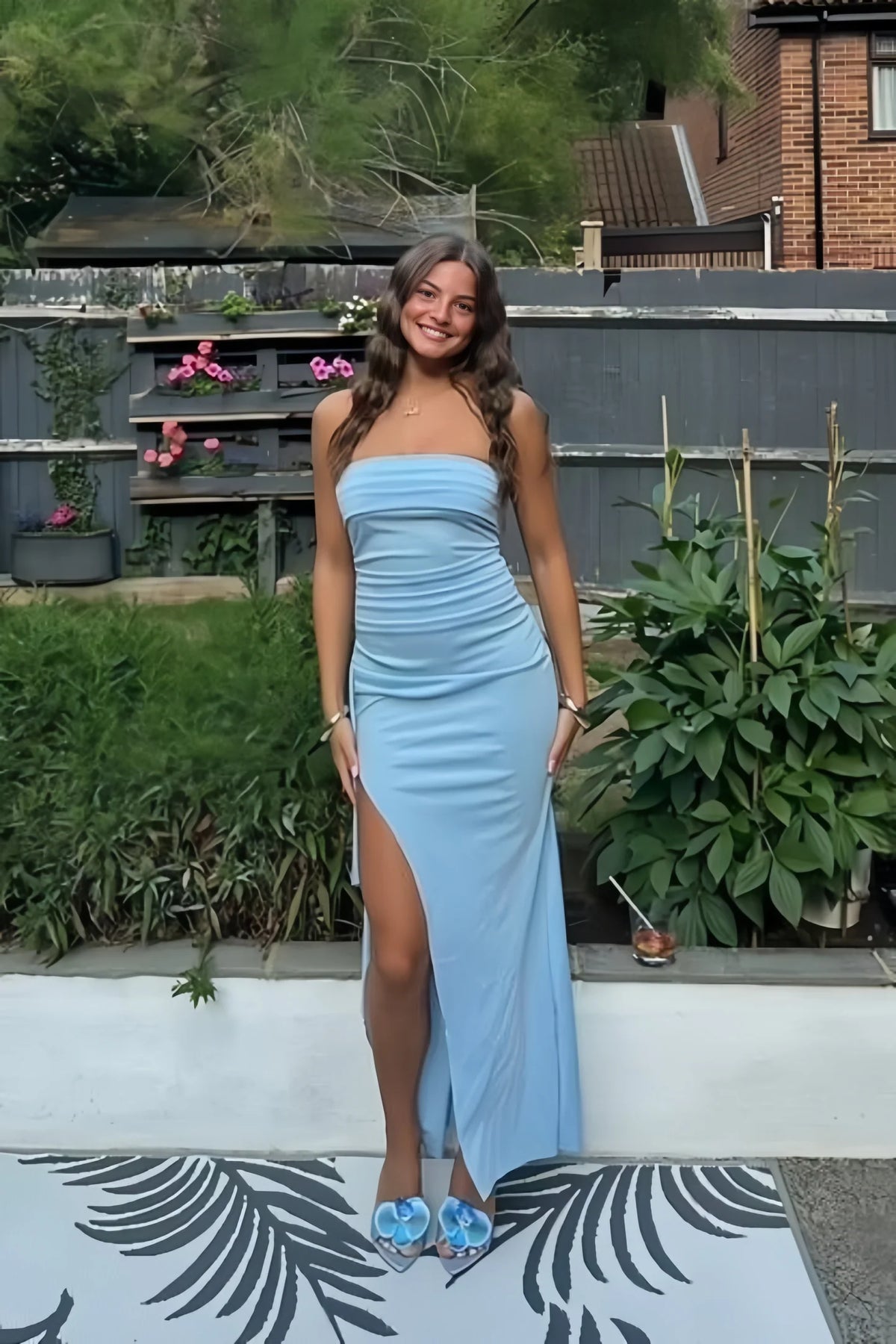 Royal Blue Stretch Knit Sheath/column Floor-Length Dress with Straight Neck, Ruched Bodice & High Slit