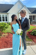 Sky Blue Crepe Sheath/column Floor-Length Gown with Twisted Bodice & High Slit