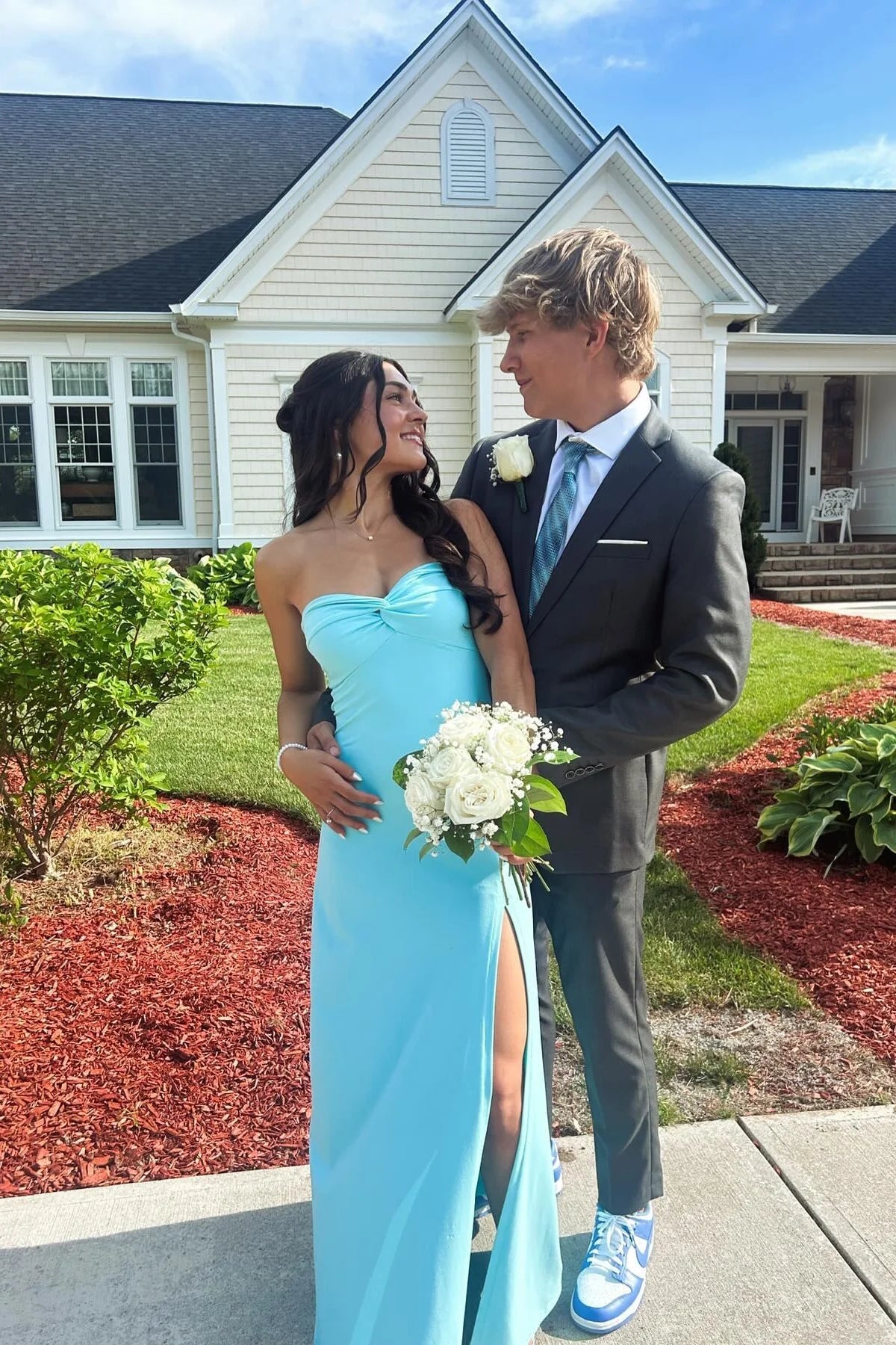 Sky Blue Crepe Sheath/column Floor-Length Gown with Twisted Bodice & High Slit