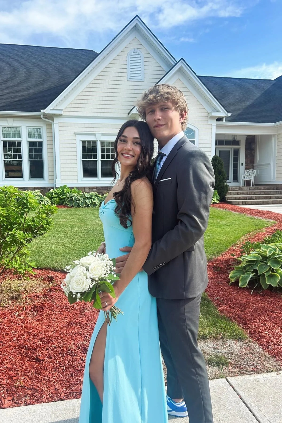 Sky Blue Crepe Sheath/column Floor-Length Gown with Twisted Bodice & High Slit