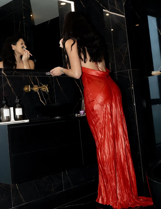 Crinkled Satin Halter Cowl Neck Open Back Tie Maxi Evening Dress