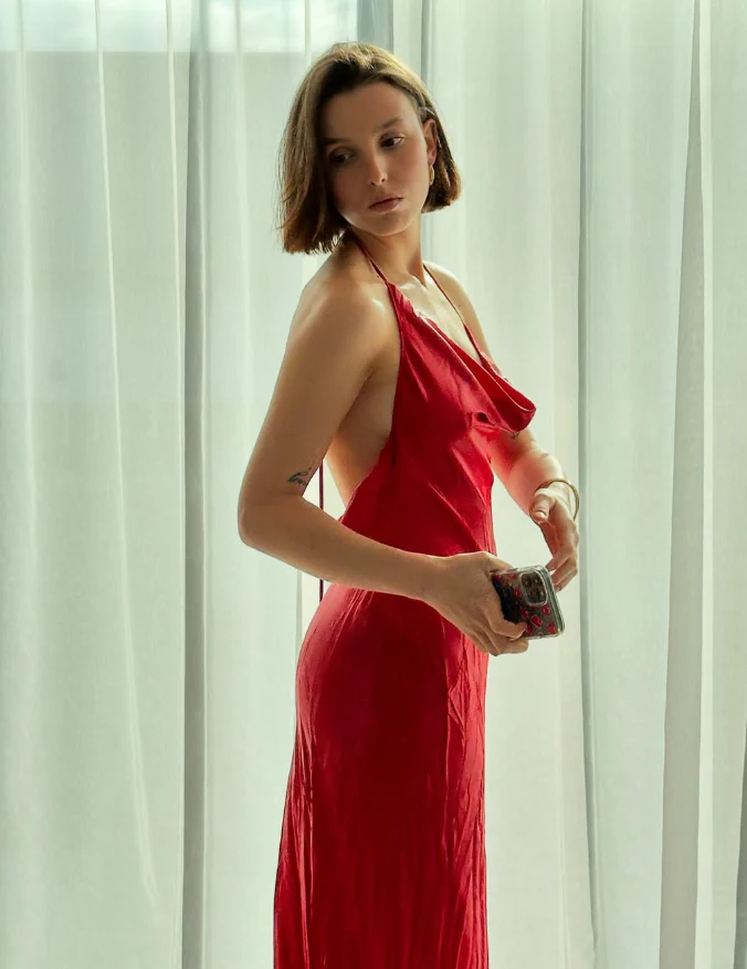 Crinkled Satin Halter Cowl Neck Open Back Tie Maxi Evening Dress