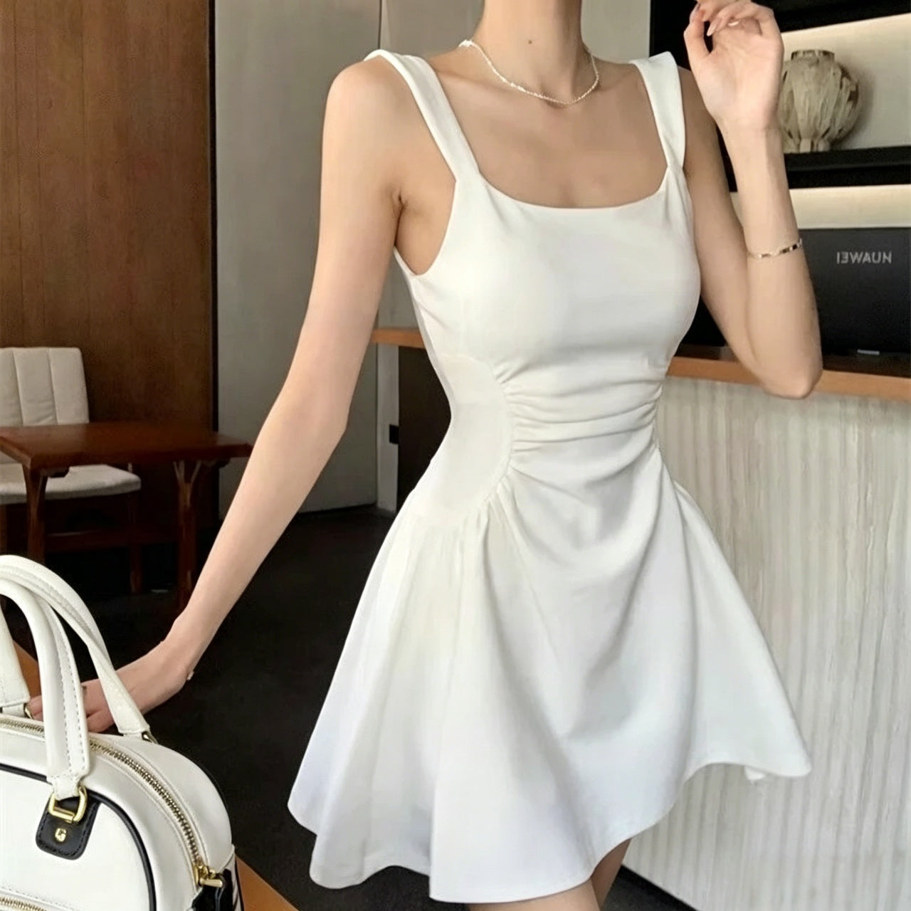 Crisp white crepe square neck ruched waist A-line short homecoming dress