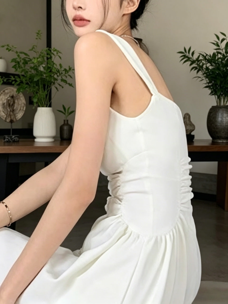 Crisp white crepe square neck ruched waist A-line short homecoming dress