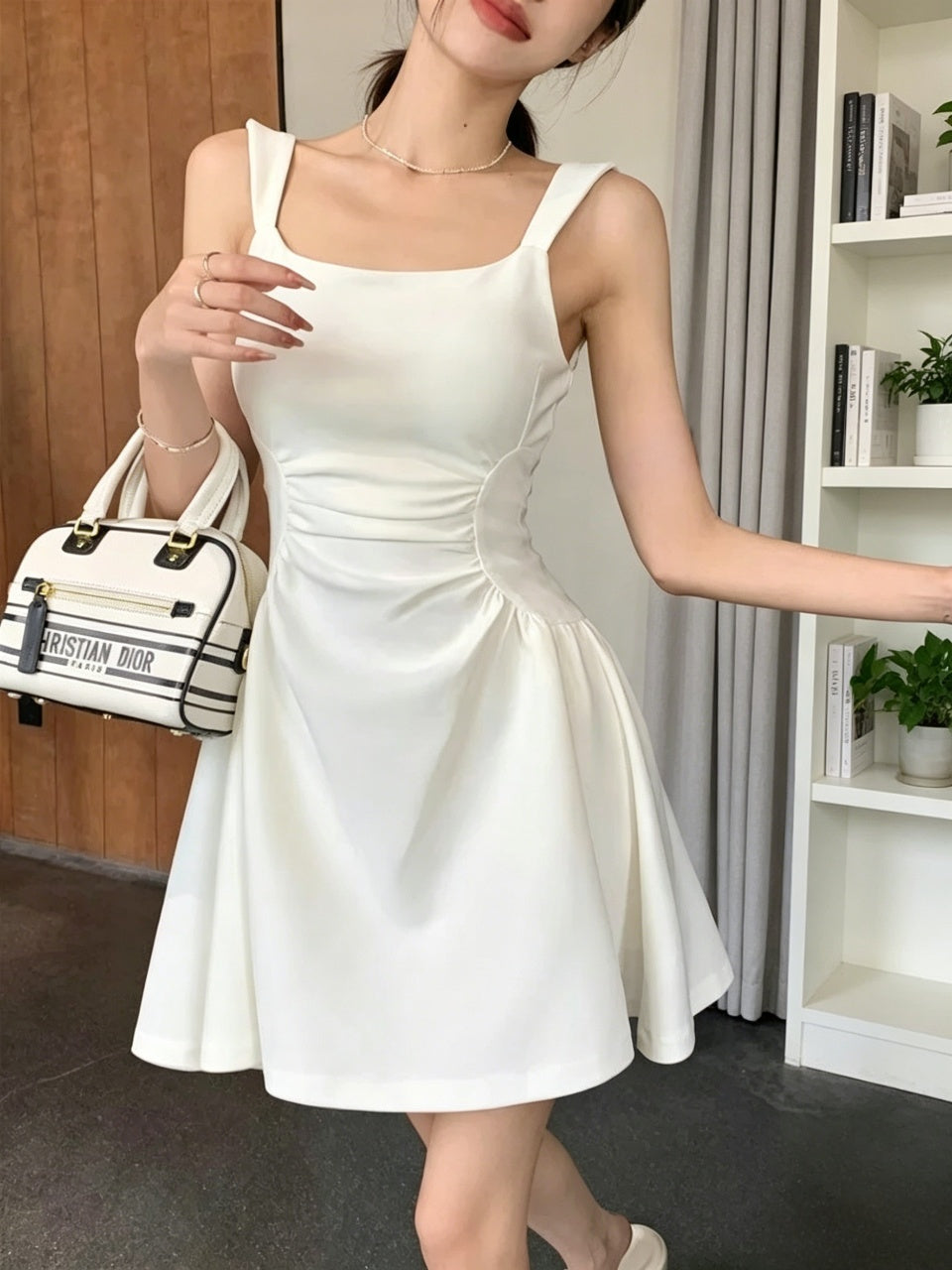 Crisp white crepe square neck ruched waist A-line short homecoming dress