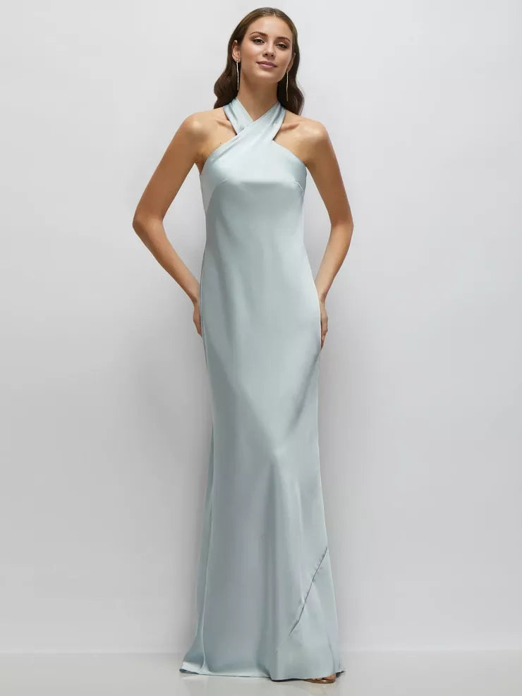 Vestido de fiesta con escote cruzado, hombros descubiertos, sin mangas, espalda descubierta y largo hasta el suelo