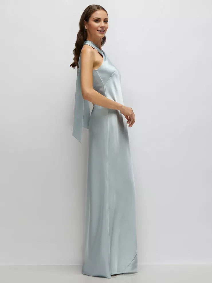 Vestido de fiesta con escote cruzado, hombros descubiertos, sin mangas, espalda descubierta y largo hasta el suelo