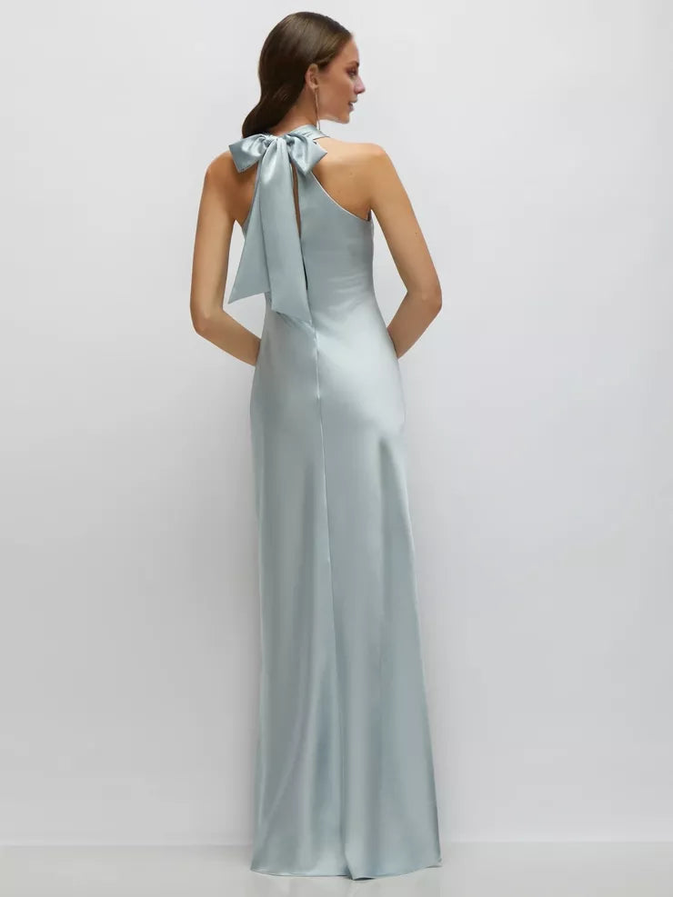 Vestido de fiesta con escote cruzado, hombros descubiertos, sin mangas, espalda descubierta y largo hasta el suelo