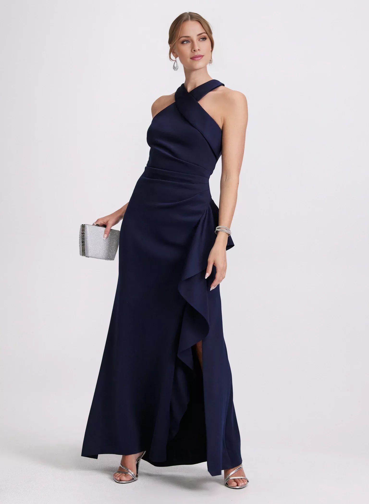 Cross neckline off shoulder sleeveless backless ruffled edge side slit and floor length evening dress