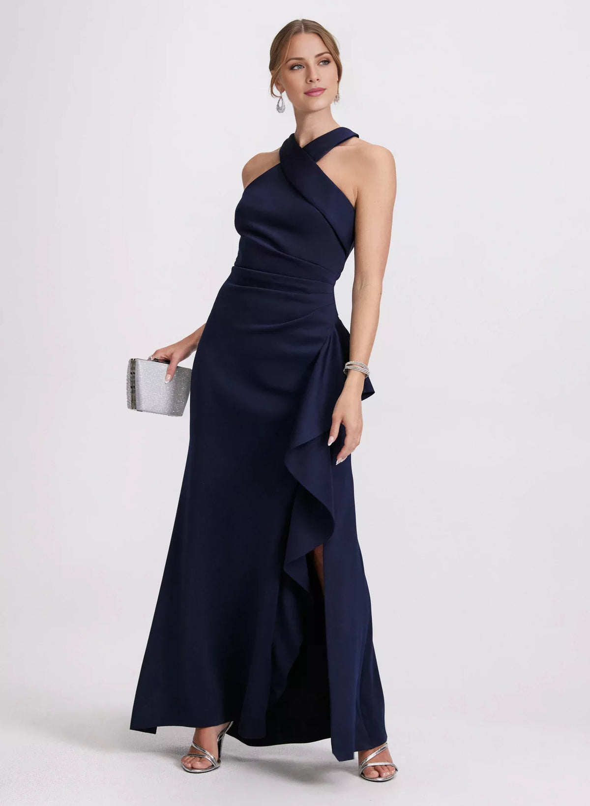Dark Navy Crepe A-Line Halter Floor-Length Dress with Twisted Neckline & High Slit