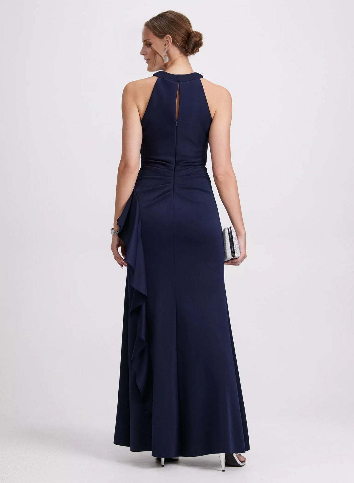 Dark Navy Crepe A-Line Halter Floor-Length Dress with Twisted Neckline & High Slit