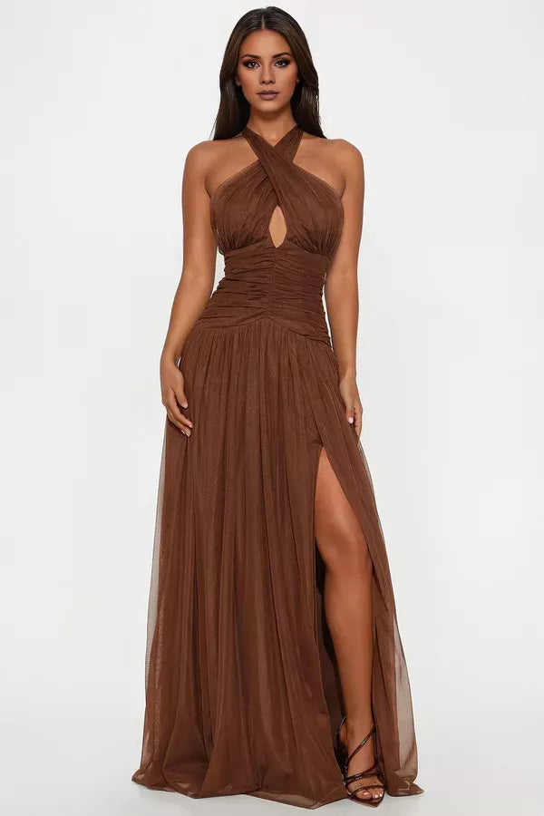 Cross neckline off shoulder sleeveless backless side slit and floor length evening dress