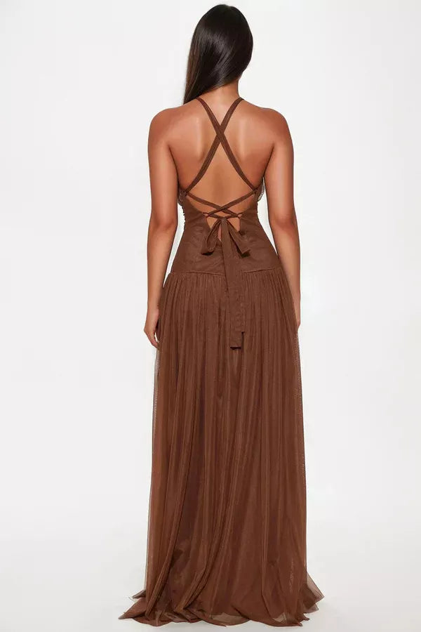 Cross neckline off shoulder sleeveless backless side slit and floor length evening dress