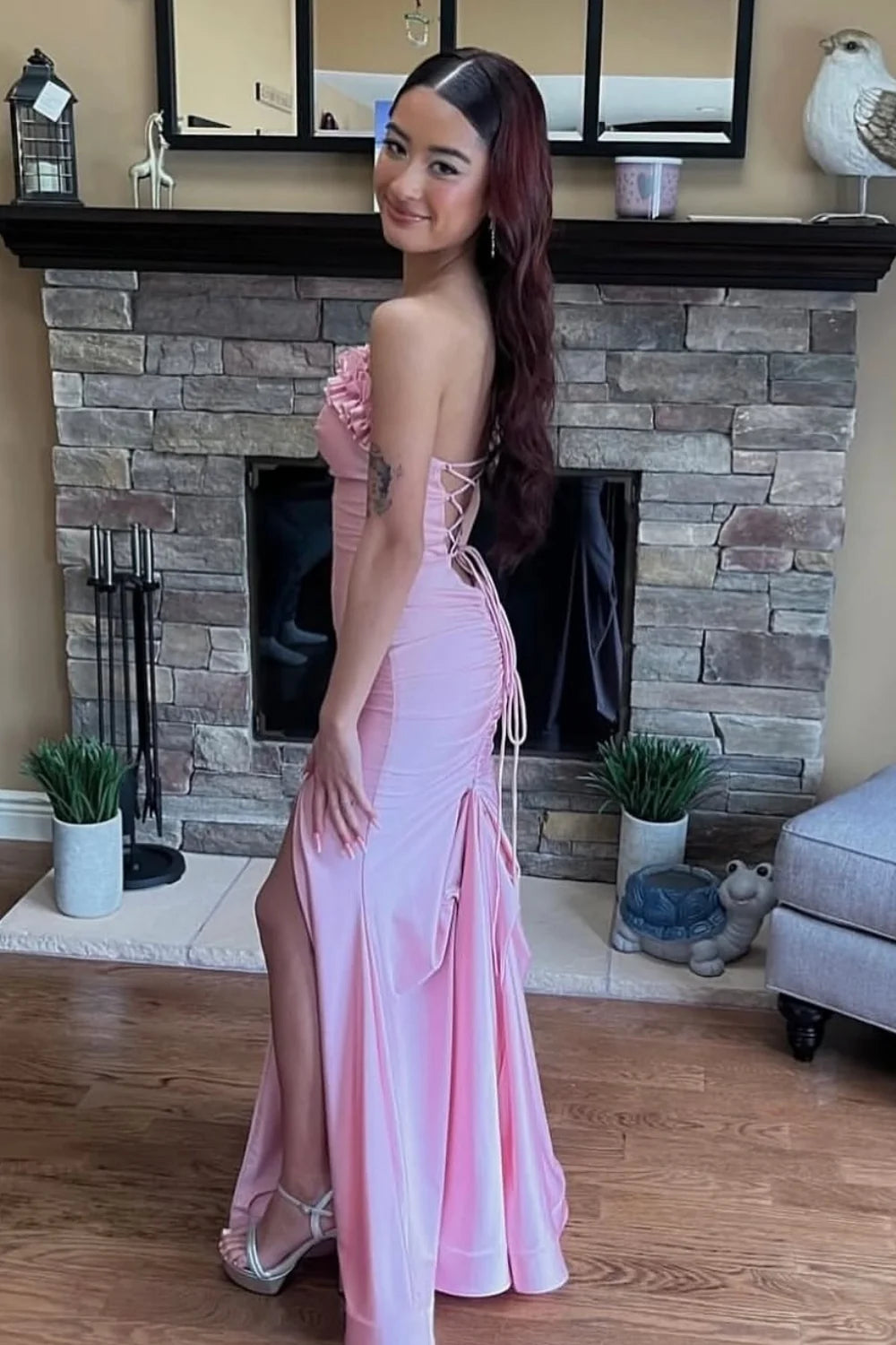 Sweet Pink Satin Mermaid Strapless Ruffle Lace Up Back Slit Long Prom Dress