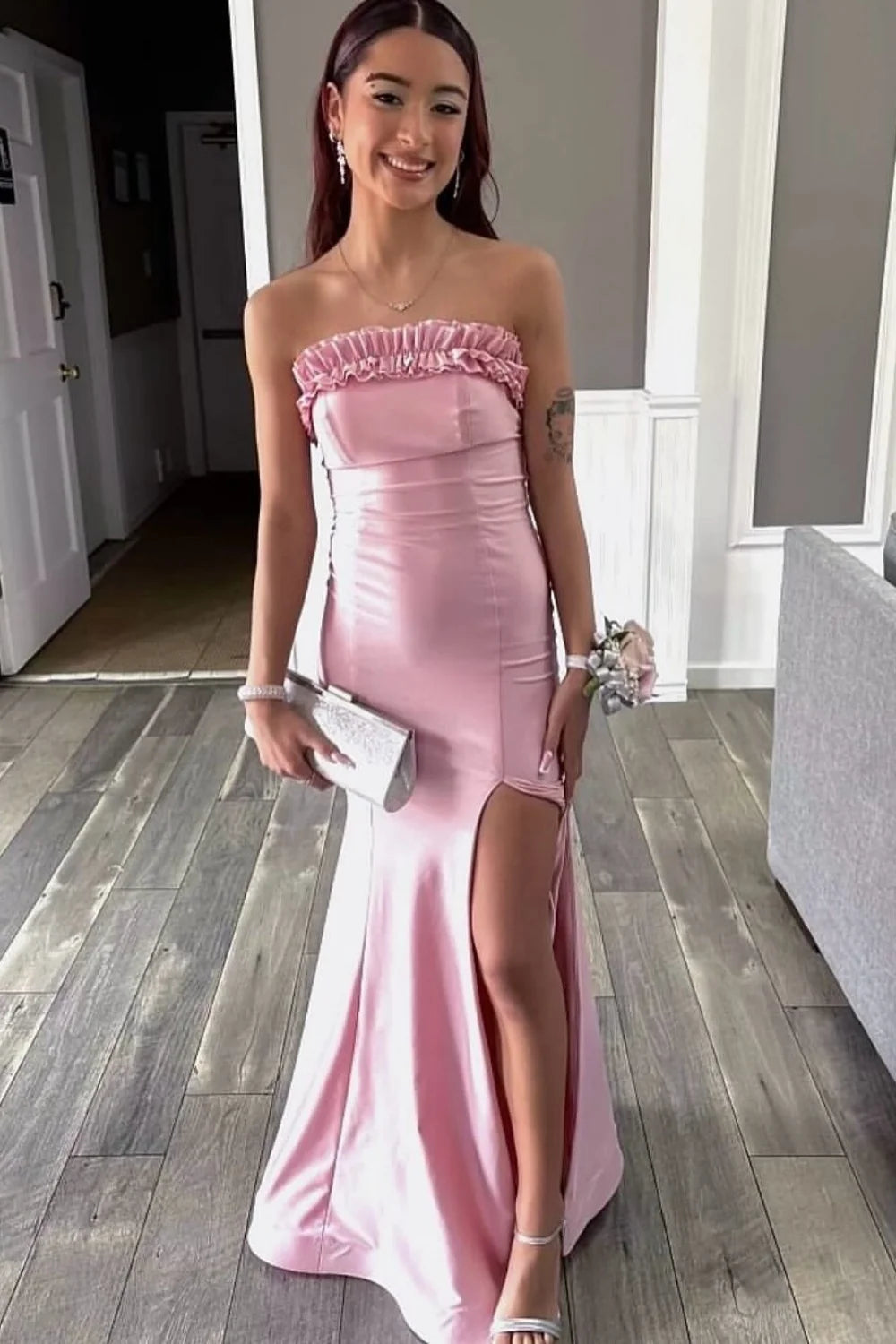 Sweet Pink Satin Mermaid Strapless Ruffle Lace Up Back Slit Long Prom Dress