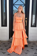 Vibrant A-Line Square Sleeveless Tiered Orange Satin Long Prom Dress
