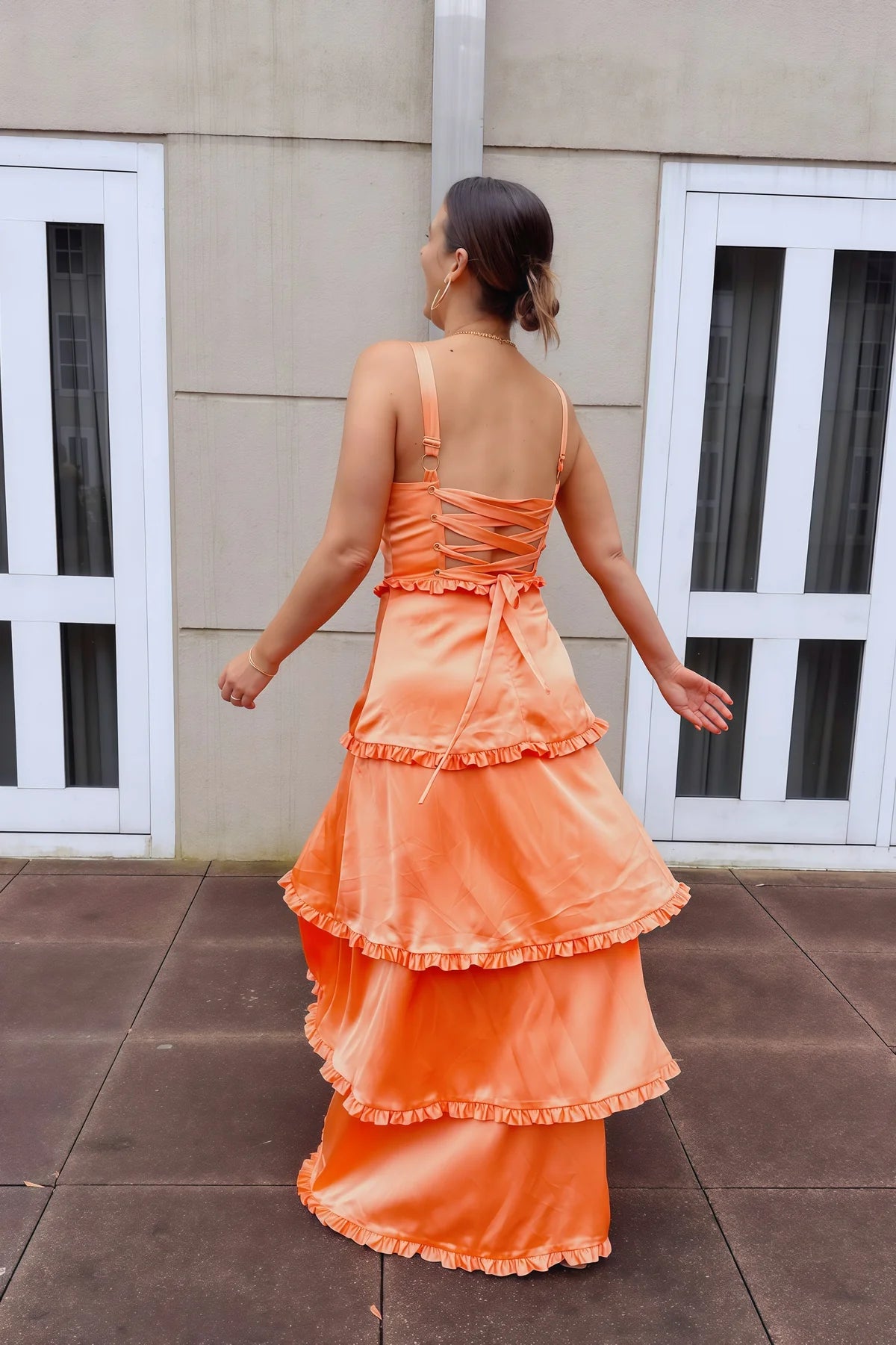 Vibrant A-Line Square Sleeveless Tiered Orange Satin Long Prom Dress