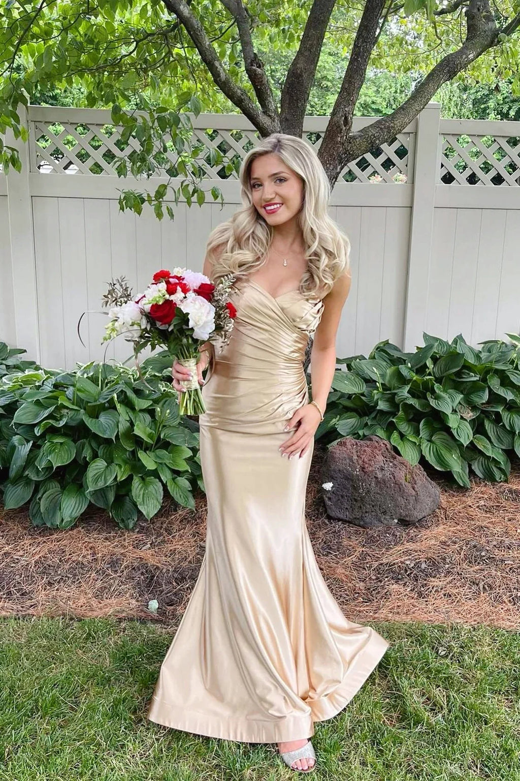 Champagne Satin Mermaid Sweetheart Sleeveless Open Back Long Bridesmaid Dress