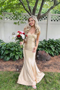 Champagne Satin Mermaid Sweetheart Sleeveless Open Back Long Bridesmaid Dress