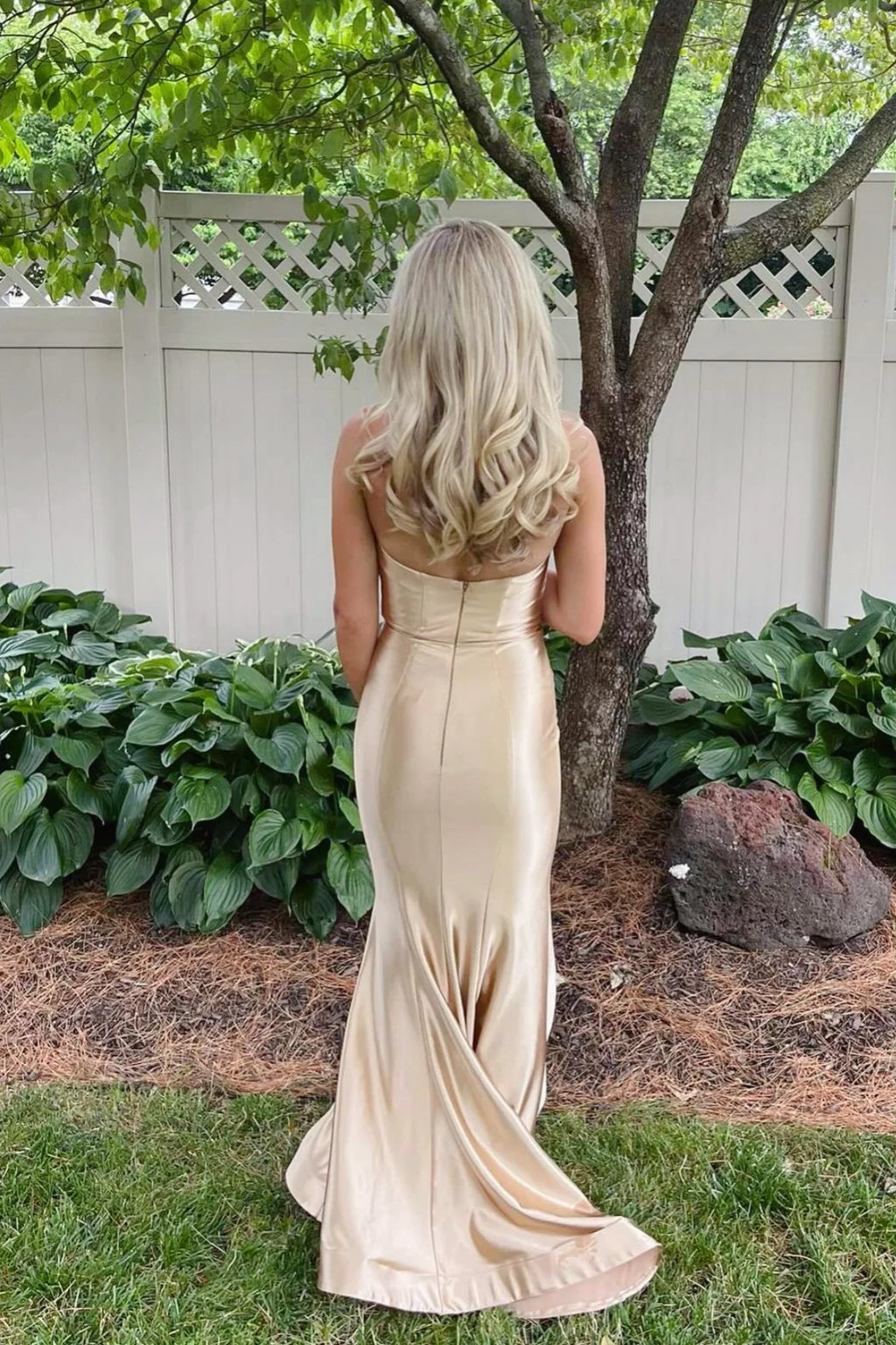 Champagne Satin Mermaid Sweetheart Sleeveless Open Back Long Bridesmaid Dress