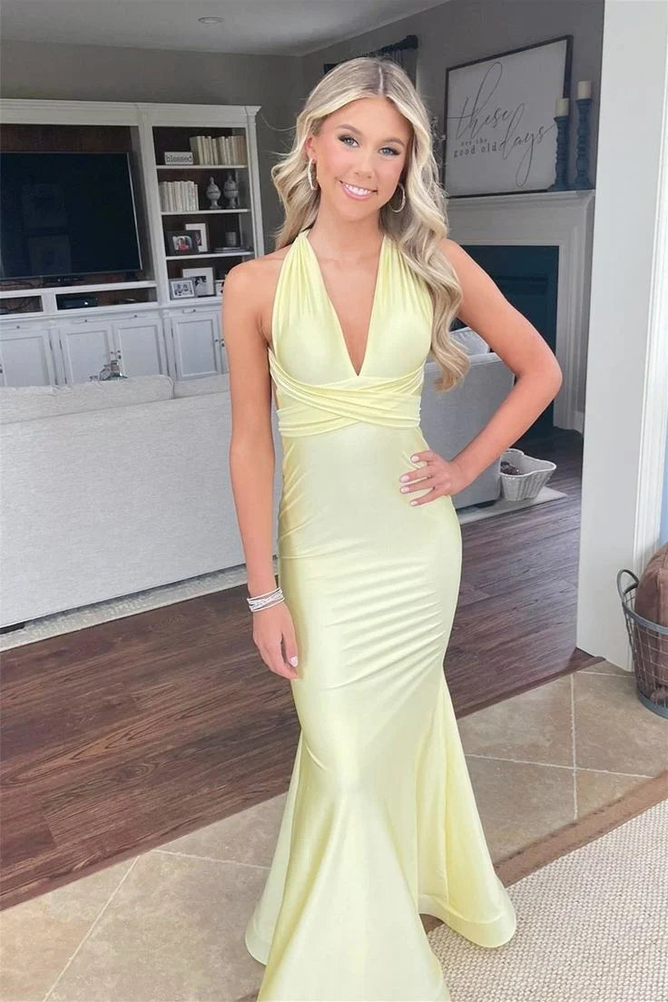 Pale Yellow Satin Halter Mermaid Prom Dress