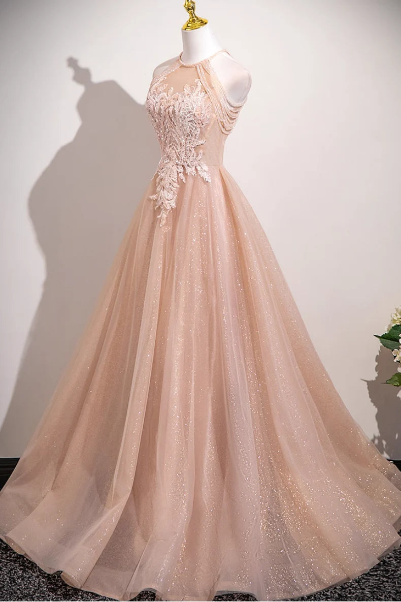 Elegant Nude Pink Glitter Tulle A-line Halter Lace Applique Lace Up Back Long Prom Dress