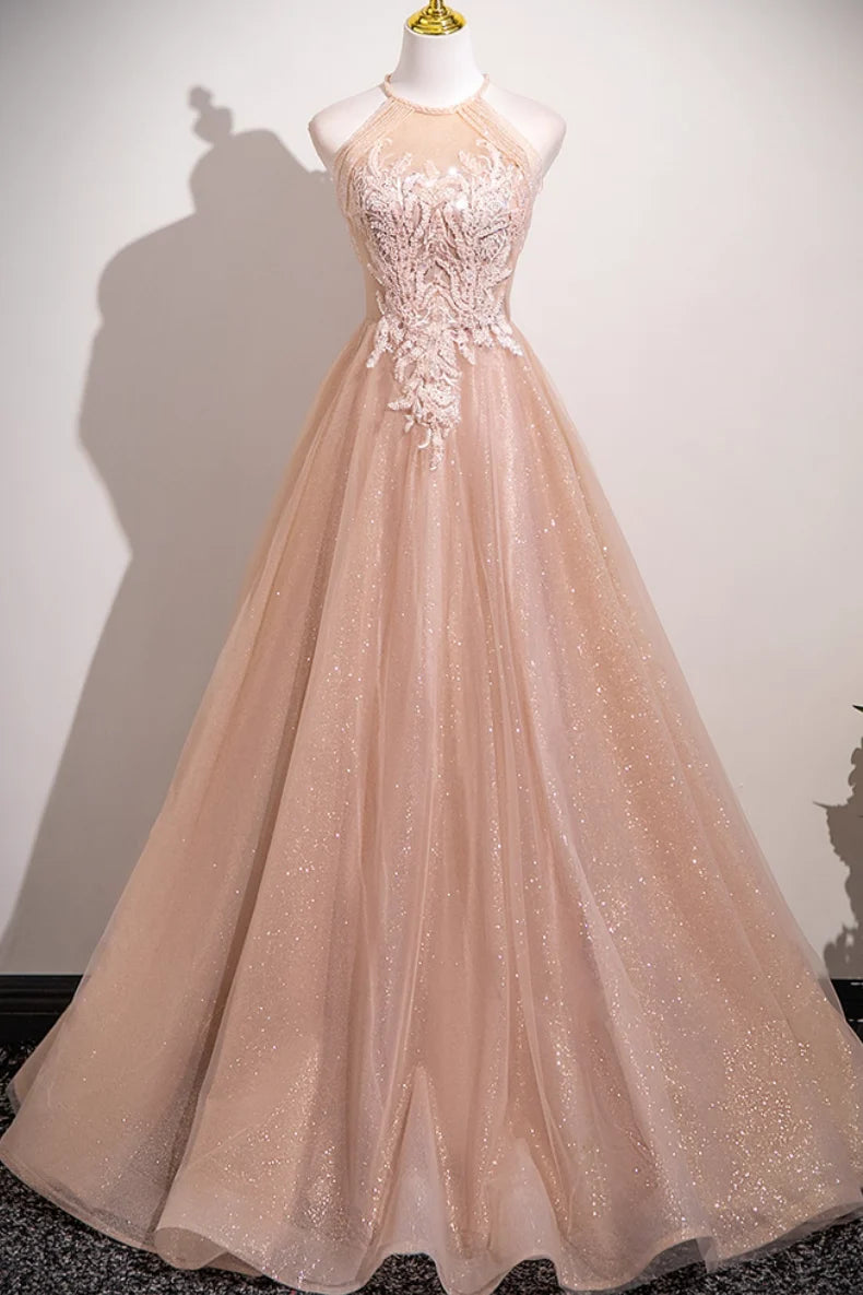 Elegant Nude Pink Glitter Tulle A-line Halter Lace Applique Lace Up Back Long Prom Dress