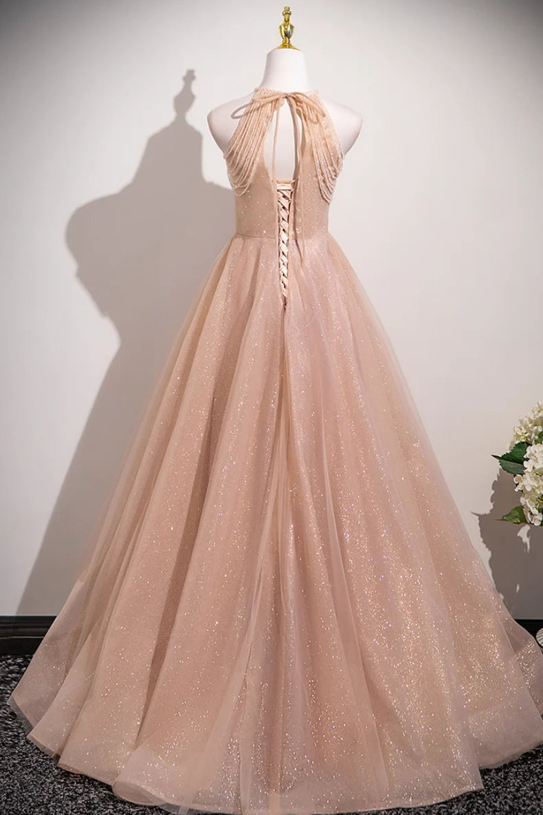 Elegant Nude Pink Glitter Tulle A-line Halter Lace Applique Lace Up Back Long Prom Dress