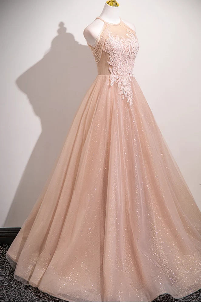 Elegant Nude Pink Glitter Tulle A-line Halter Lace Applique Lace Up Back Long Prom Dress